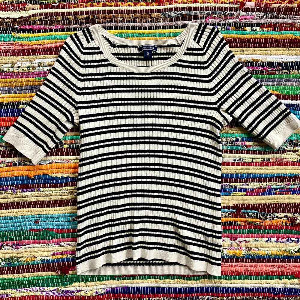 Lands' End ~ 100% cotton black cream stripe ribbed short sleeve sweater